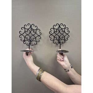 Set of 2 Black Wrought Iron Wall Sconces, Scroll Pillar Candle Holders Rustic